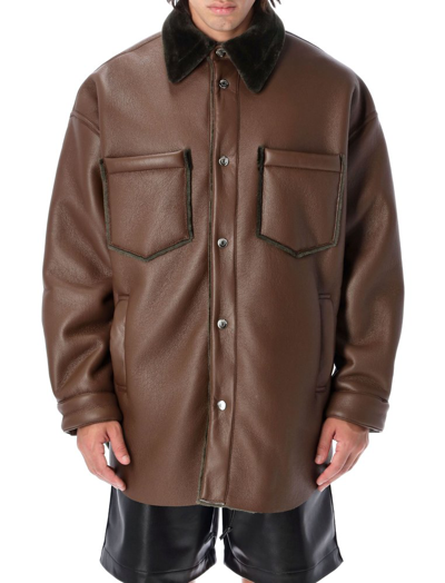 Nanushka Fur Embellished Oversized Leather Jacket In Brown