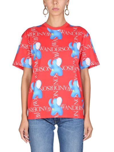 Jw Anderson J.w. Anderson T-shirt With Elephant Motif And All-over Logo In Red