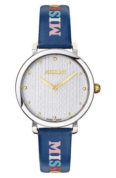 Missoni Lettering Leather Strap Watch, 38mm In Silver/blue
