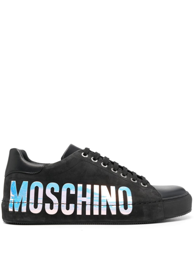 Moschino Men's Iridescent-logo Low-top Sneakers In Black Multi