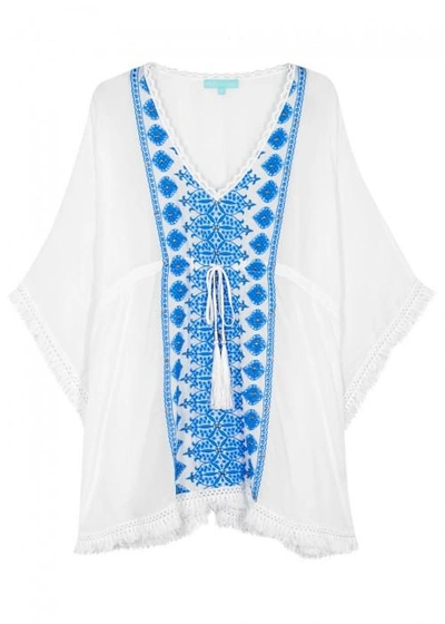 Melissa Odabash Isabelle Embroidered Rayon Kaftan In White And Blue