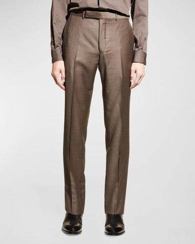 Zegna Trofeo Flat-front Wool Trousers In Brown