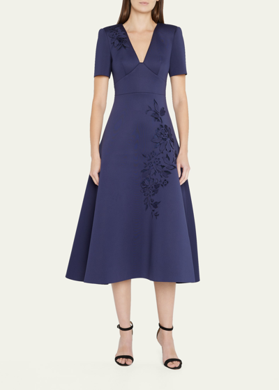 Badgley Mischka Laser Cut Fit & Flare Day Dress In Navy