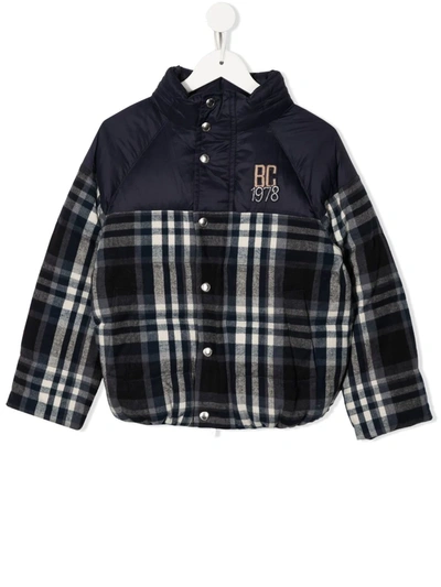 Brunello Cucinelli Kids' Checked Cotton Twill Down Jacket In Blu/bianco