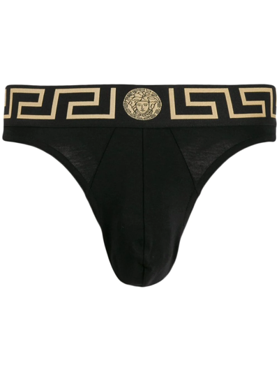Versace Medusa And Greca Cotton Thong In Black