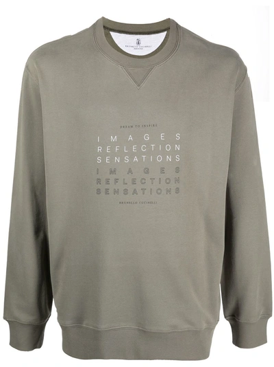 Brunello Cucinelli Text And Logo Cotton Sweatshirt In Green
