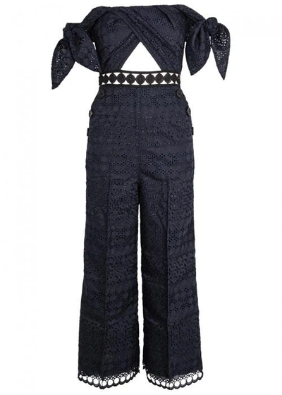 Self-portrait Navy Cut-out Broderie Anglaise Jumpsuit