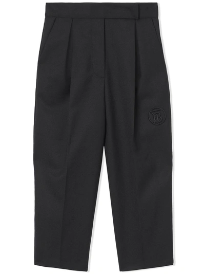 Burberry Kids' Logo-embroidered Wool-blend Trousers In Black