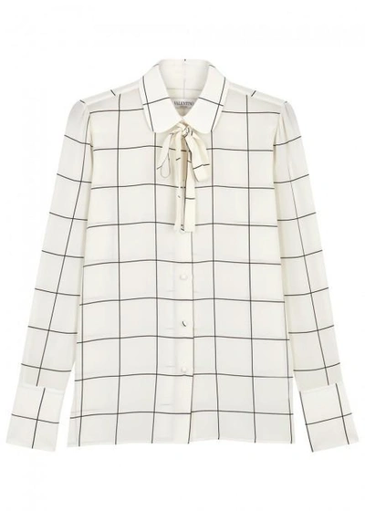Valentino Ivory Checked Silk Blouse In White And Black