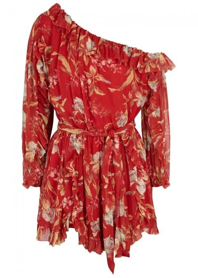 Zimmermann Corsair Iris Printed Georgette Playsuit In Red