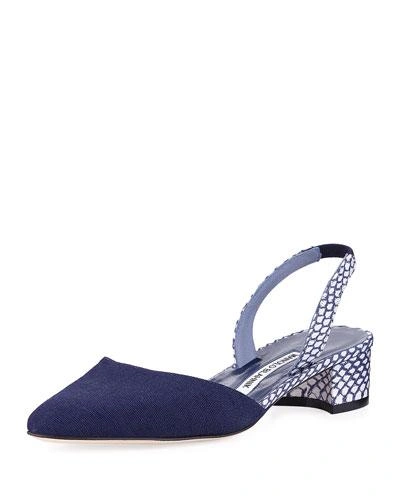 Manolo Blahnik Aspro Linen Block-heel Slingback Pump In Navy