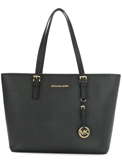 Michael Kors Jet Set Travel Medium Saffiano Leather Top-zip Tote In Black