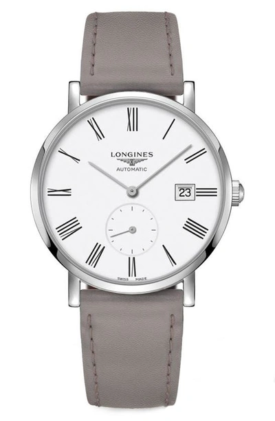 Longines Elegant Automatic Faux Leather Strap Watch, 39mm In White