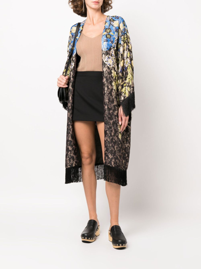 Etro Floral-pattern Fringed Poncho In Black