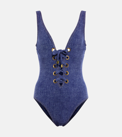 Karla Colletto Denim Indi V-neck Lace-up One-piece Swimsuit In Blue Denim