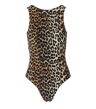 Ganni Leopard-print Recycled-polyamide-blend Swimsuit In Brown