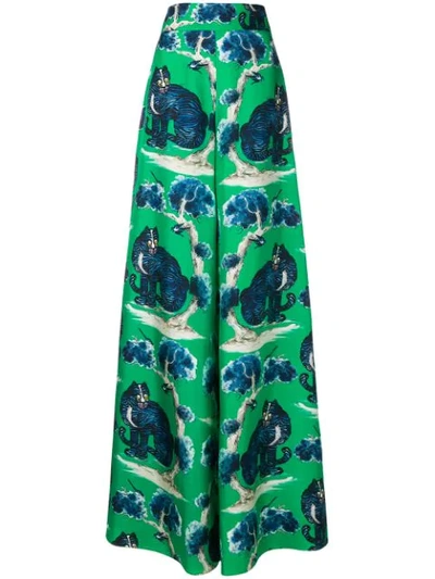 Gucci Wild Cat-print High-rise Wide-leg Silk Trousers In Green