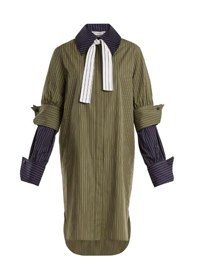 Jw Anderson Double-cuff Pinstriped Cotton Shirtdress In Khakiverde