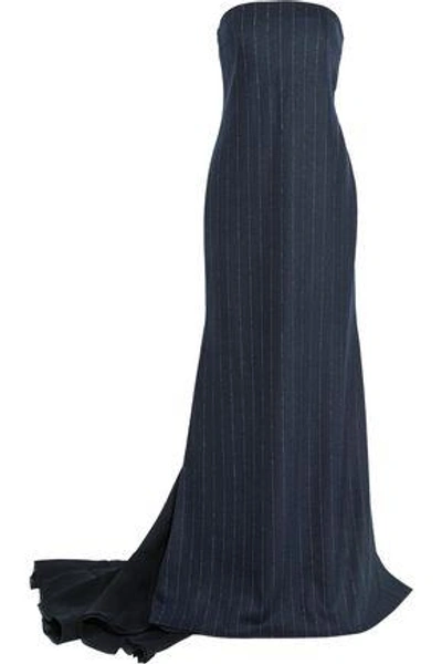 Brunello Cucinelli Strapless Silk Crepe-paneled Pinstriped Wool And Cotton-blend Gown In Indigo