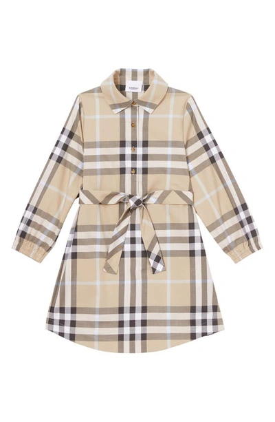 Burberry Kids' Ivy Check Print Stretch Cotton Twill Shirtdress In Pale Sand