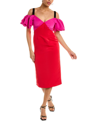 Zac Posen Open-shoulder Puff-sleeve Midi Dress In Red