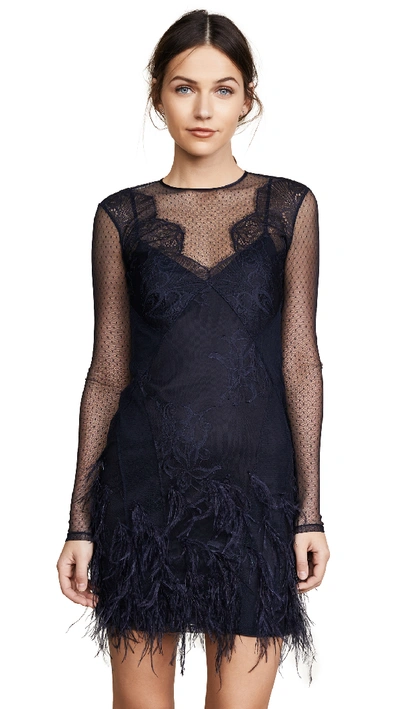 Cinq À Sept Amabella Embroidered Cocktail Dress With Ditsy Mesh & Feathered Hem In Navy