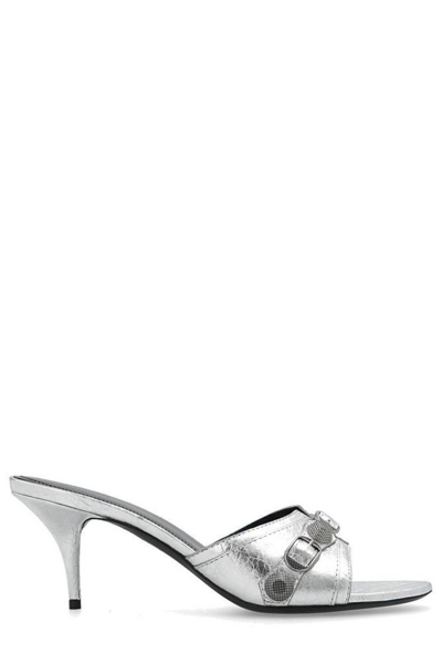 Balenciaga Cagole Metallic Stud Stiletto Mules In Silver