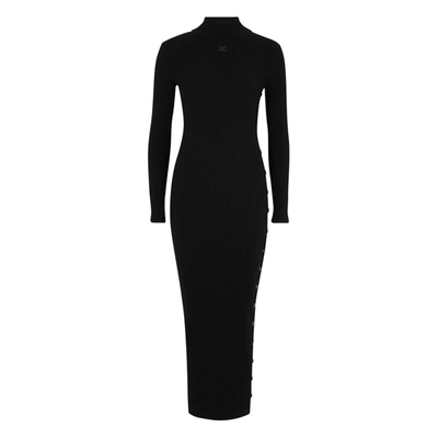 Courrges Logo-embroidered Ribbed-knit Midi Dress In Black