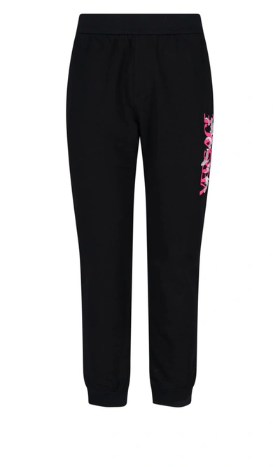 Versace Logo Printed High Waist Track Trousers In Black