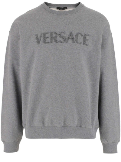 Versace Logo-embroidered Jersey Sweatshirt In Grey