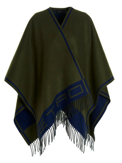 Etro Hood With Double Face Logo In Wool And Cashmere Blend Green And Blue Woman