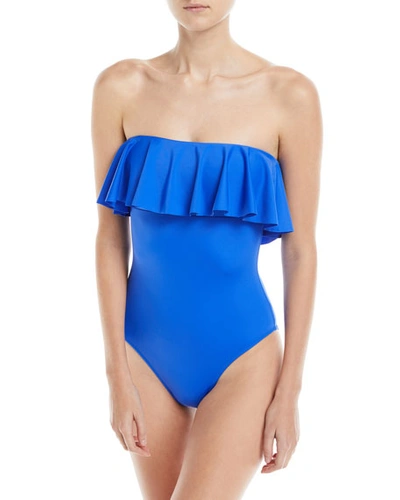 Milly Ruffle-top One-piece Bandeau Swimsuit In Blue