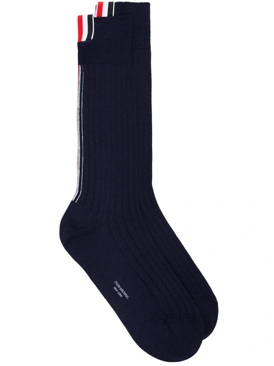 Thom Browne Ribbed Mid Calf Sock With Vertical Stripe In Fine Merino Wool In Blue