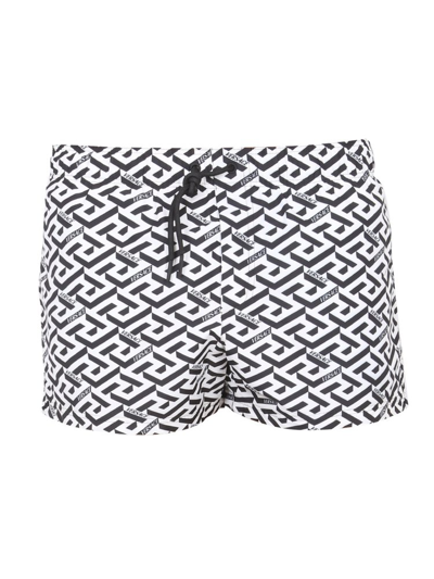 Versace La Greca Monogram-print Swim Shorts In White Black