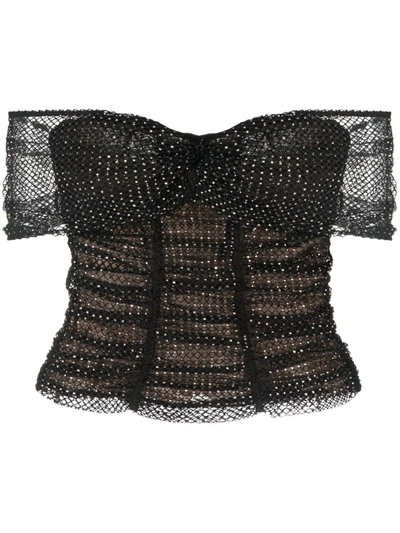 Self-portrait Crystal-embellished Off-the-shoulder Fishnet Top In Black ...