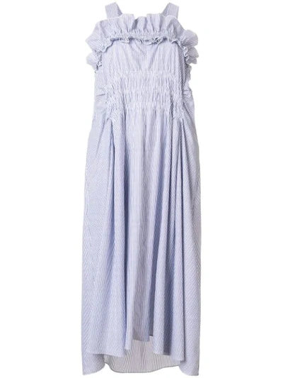 Carven High-neck Sleeveless Striped Cotton Midi Dress With Ruffled Frills In Blanc/bleu Nuit
