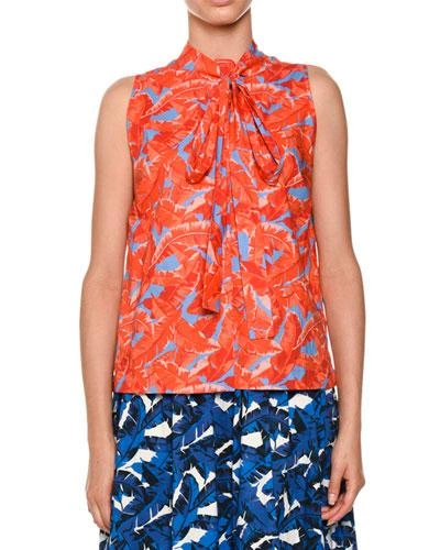Msgm Palm-print Tie-neck Blouse In Red