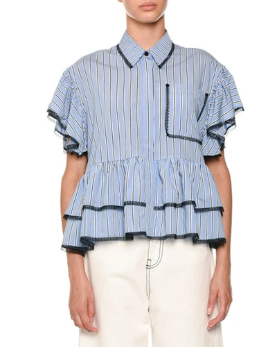 Msgm Striped Contrast Tie-neck Blouse In Blue