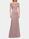 La Femme Simply Chic Off The Shoulder Jersey Gown In Mauve