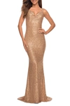 La Femme Long Stretch Sequin Gown In Nude