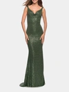 La Femme Long Stretch Sequin Gown In Emerald