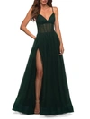 La Femme Corset Sheer Bodice Tulle A-line Dress In Dark Emerald