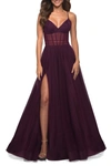 La Femme Corset Sheer Bodice Tulle A-line Dress In Dark Berry