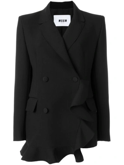 Msgm Double-breasted Ruffled Crepe Blazer In Black