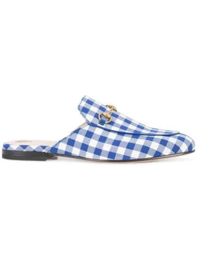 Gucci Princetown Gingham Backless Loafers In White/blue