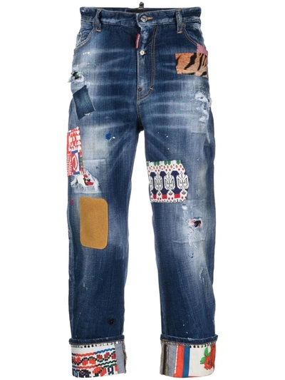 Dsquared2 Sailor Patchwork Cropped Denim Jeans In Blu