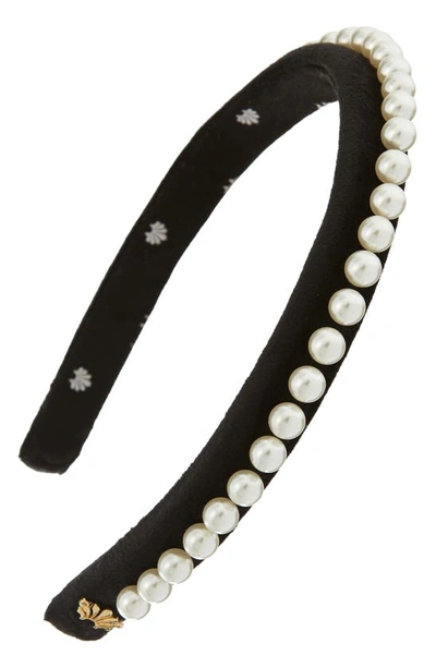 Lele Sadoughi Pearl Embellished Velvet Gigi Headband In Black/cream