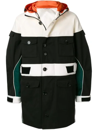 Valentino Colour-block Satin And Neoprene-trimmed Gabardine Hooded Coat In Black