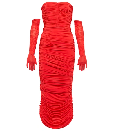 Alex Perry Parton Ruched Midi Dress In Tangerine