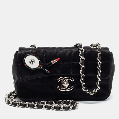 Pre-owned Chanel Black Quilted Satin Square Charms Flap Bag